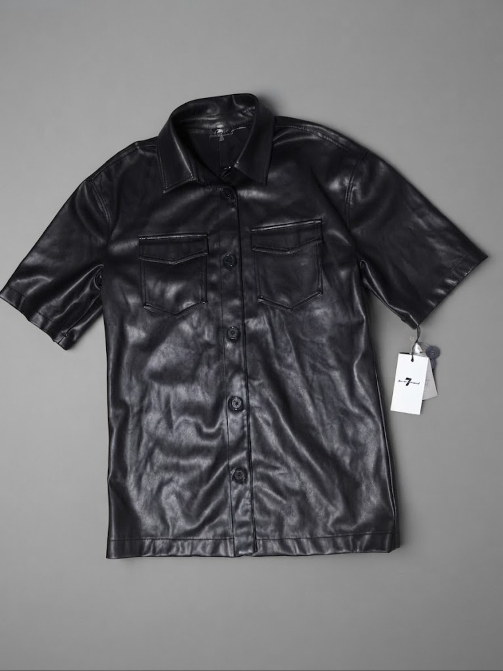 7 For All Mankind Faux Leather Short Sleeve Button Up Shirt Jacket Shacket Black